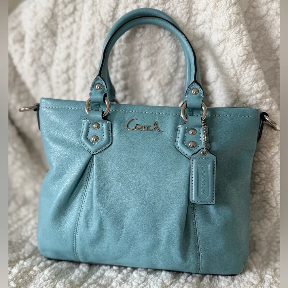 Vintage Coach Y2K Mini Ashley Leather Tote & Crossbody Bag Tiffany Blue & Silver - Picture 2 of 10